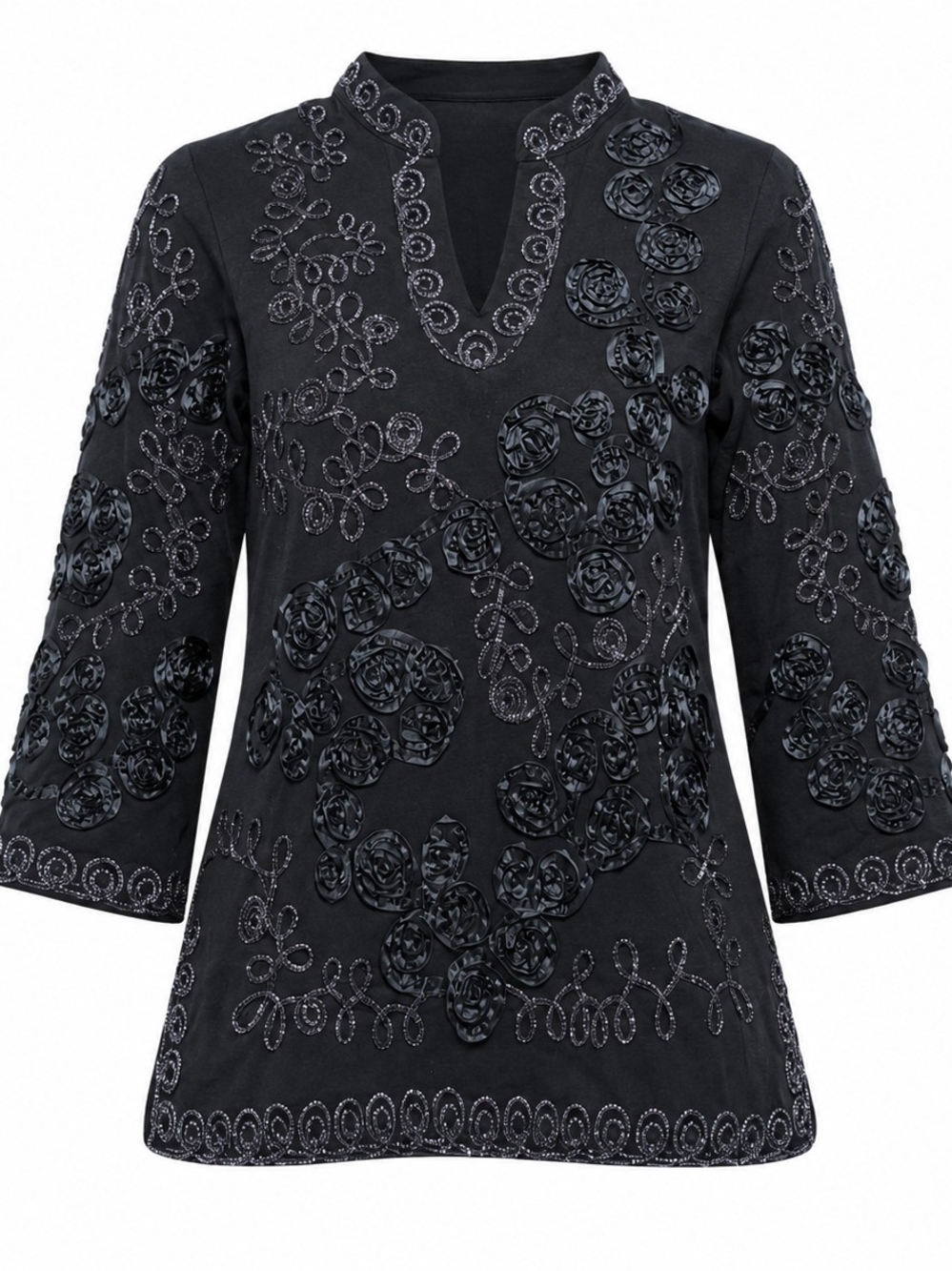 LAUREN MICHELLE | Black 3D Floral Embellished Tunic Top Sparkle  | XL
